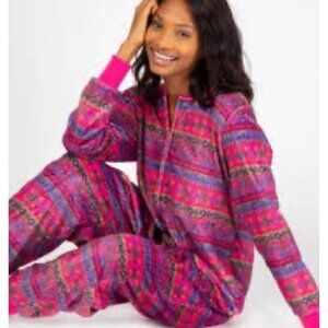 Natural Life One-piece Pajamas L/XL Fuschia Floral Fleece Full Zip Boho Jumpsuit